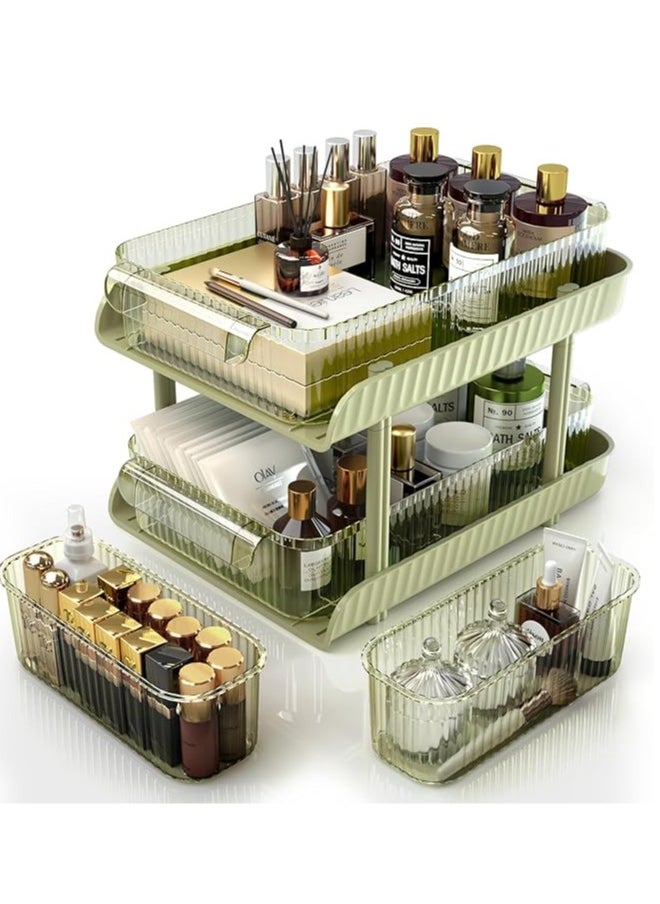 2-Tier Pull-Out Storage and Organization with 4 Clear Storage Bins- Pull Out Cabinet Organizer-Bathroom Organizers and Storage,Makeup Organizer-Ideal for Kitchen,Office,Under Sink Organizer (Avocado green)