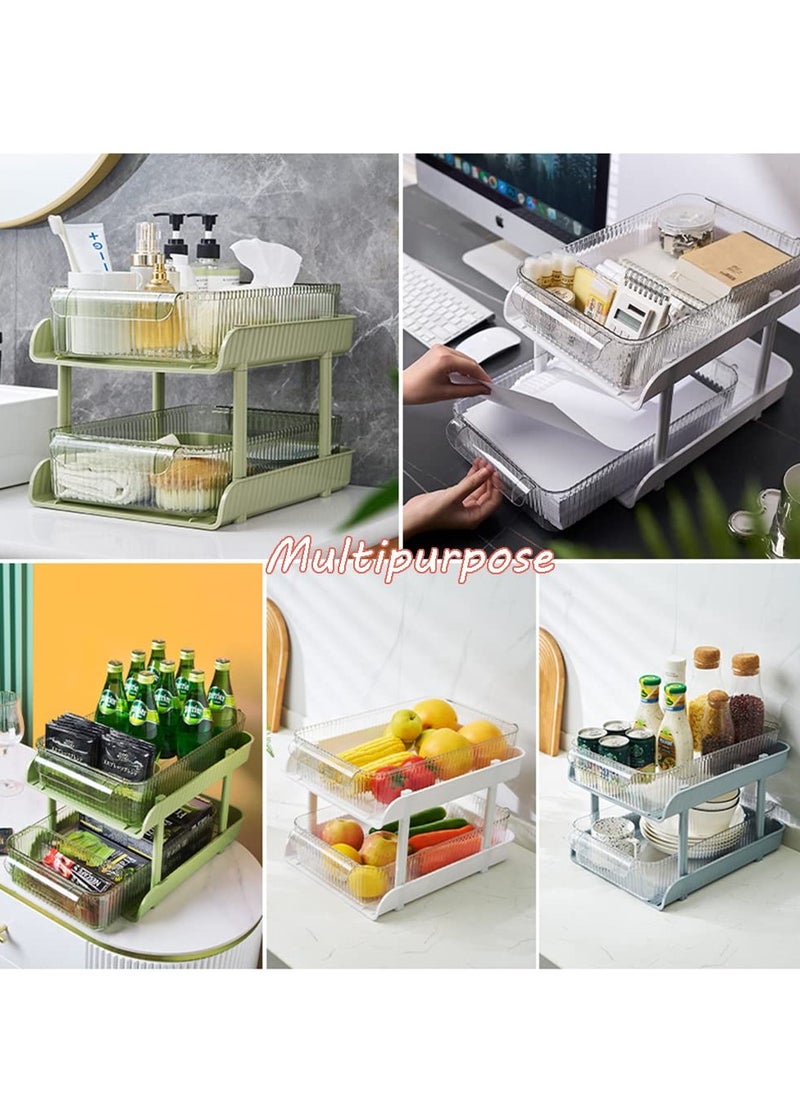 2-Tier Pull-Out Storage and Organization with 4 Clear Storage Bins- Pull Out Cabinet Organizer-Bathroom Organizers and Storage,Makeup Organizer-Ideal for Kitchen,Office,Under Sink Organizer (Avocado green)