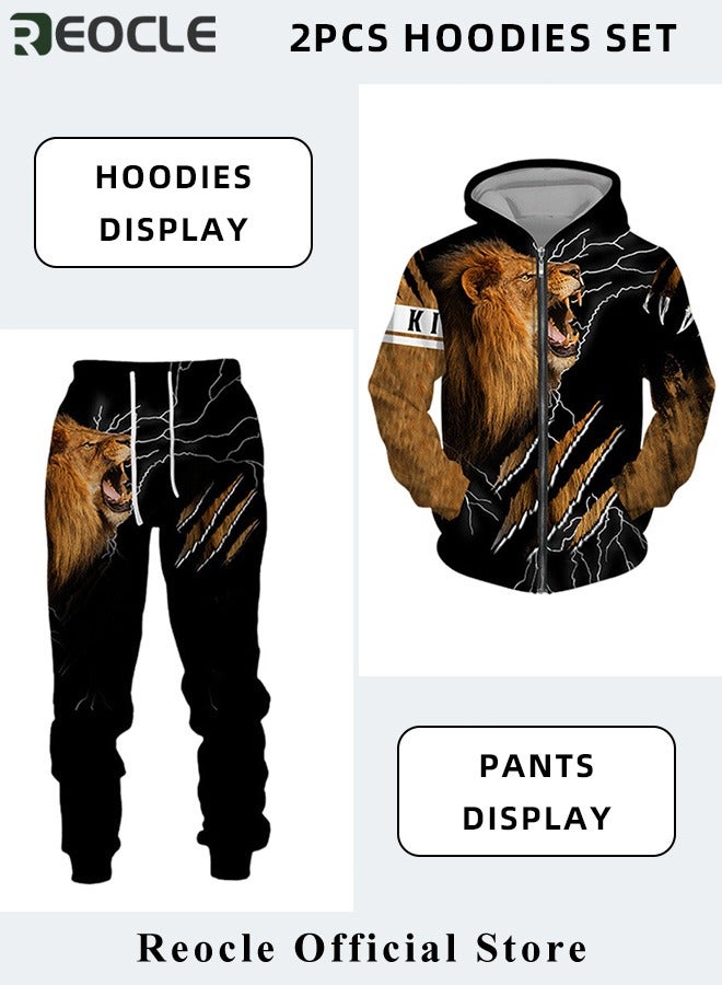 Men's 2 Pcs Hoodie Set Sweatshirt Suit 3D Printed Long Sleeve Hoodie with Zipper Trackpant Casual Suit