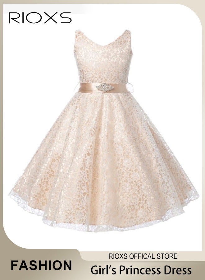 Kids Girls Elegant Lace Gowns Dress V Neck Sleeveless Dress Cute Princess Dress for Performance