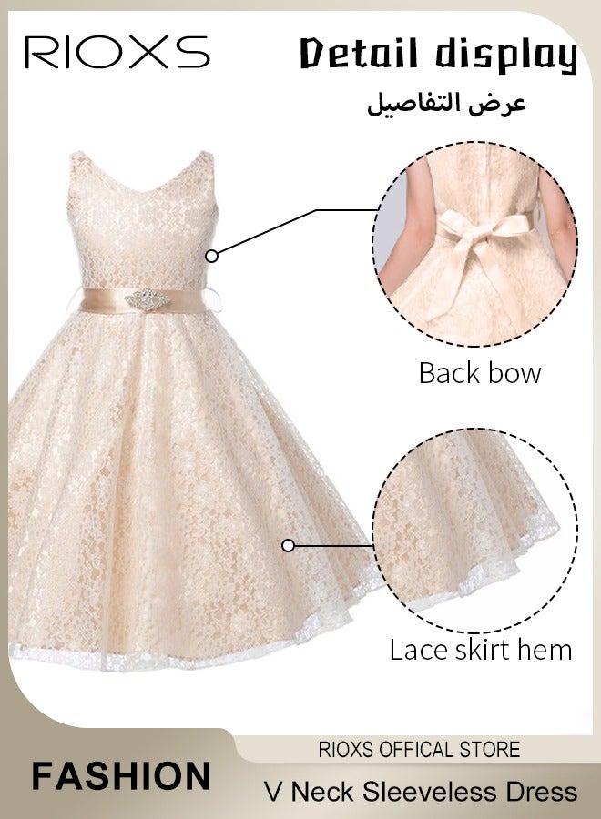 Kids Girls Elegant Lace Gowns Dress V Neck Sleeveless Dress Cute Princess Dress for Performance