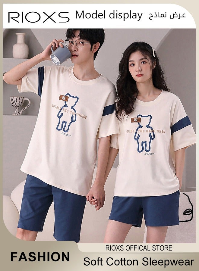 Couples Matching 2 Pieces Short Sleeve Pajamas Soft Cotton Sleepwear Button Down Loungewear Men's Women's Crew Neck T-shirt & Straight Loose Leg Short