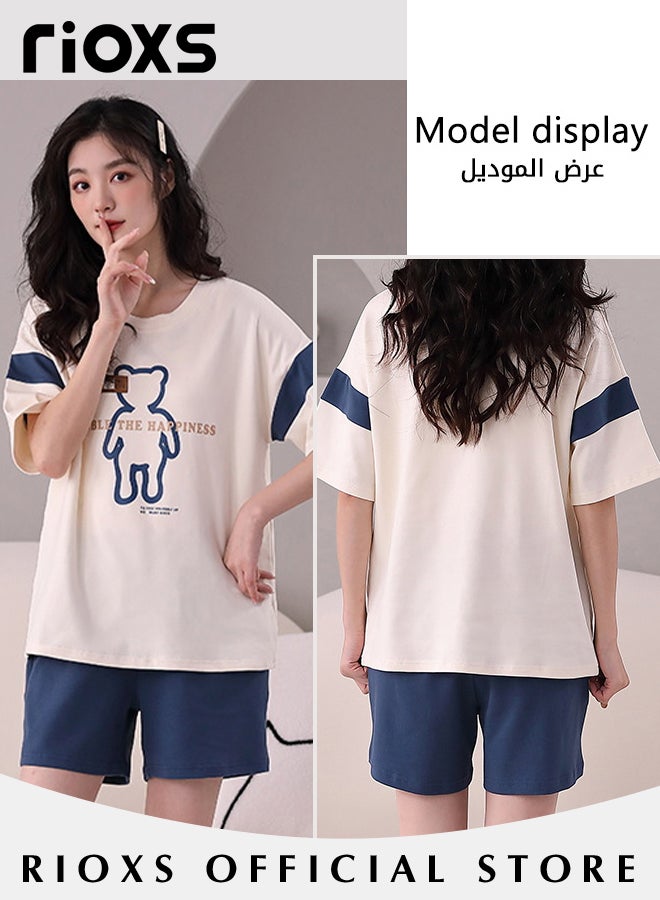 Couples Matching 2 Pieces Short Sleeve Pajamas Soft Cotton Sleepwear Button Down Loungewear Men's Women's Crew Neck T-shirt & Straight Loose Leg Short