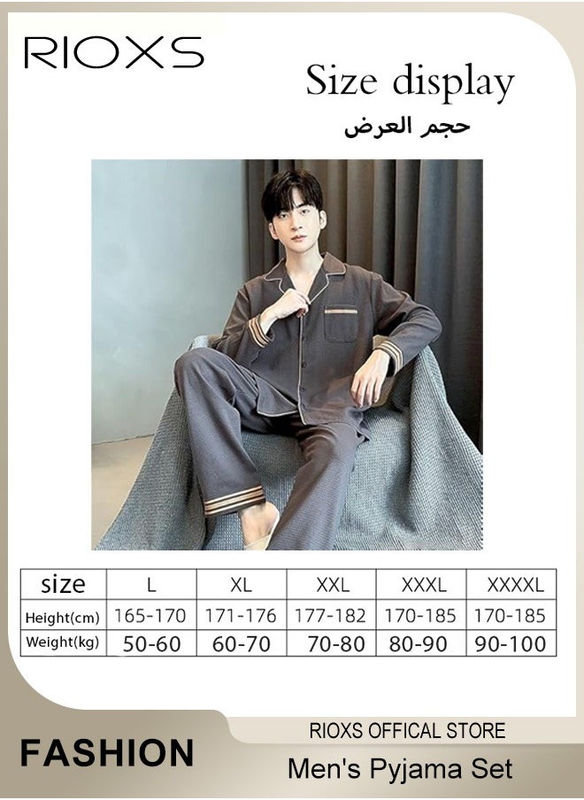 Men's 2 Pieces Nightwear Suit Soft Cotton Long Sleeve Pajamas V Neck Buttons Tops & Long Loose Straight Leg Pants Teen Casual Cardigan Homewear