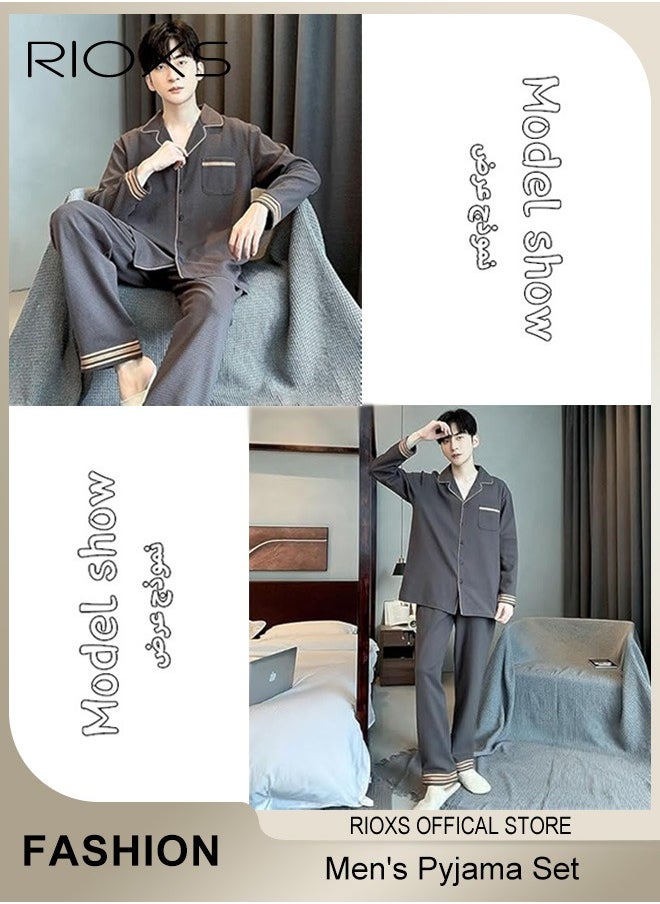 Men's 2 Pieces Nightwear Suit Soft Cotton Long Sleeve Pajamas V Neck Buttons Tops & Long Loose Straight Leg Pants Teen Casual Cardigan Homewear