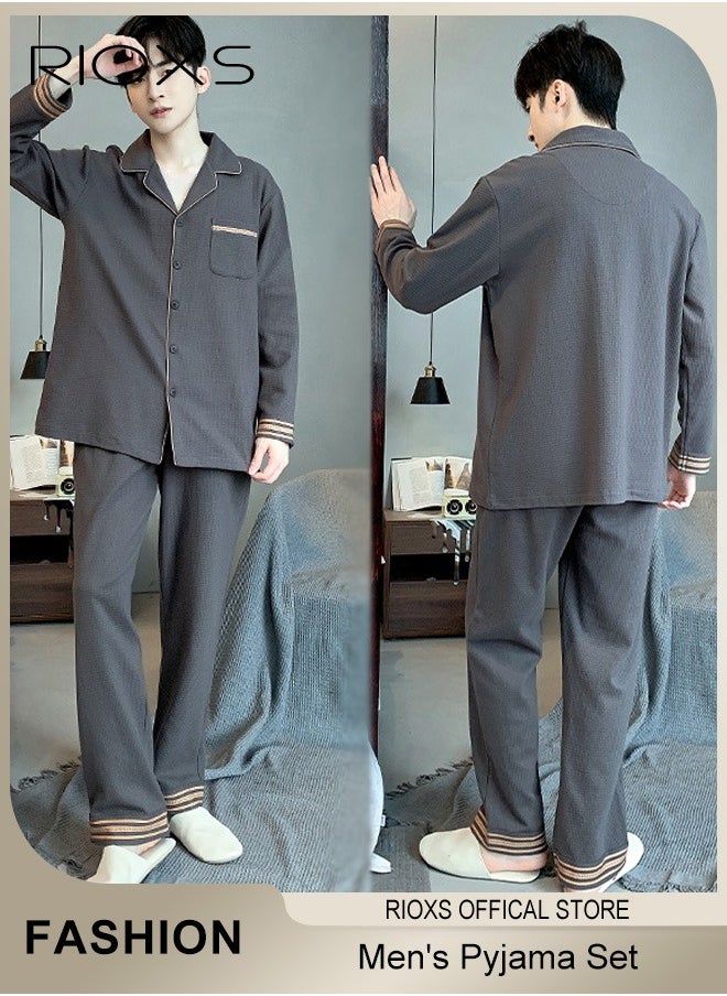 Men's 2 Pieces Nightwear Suit Soft Cotton Long Sleeve Pajamas V Neck Buttons Tops & Long Loose Straight Leg Pants Teen Casual Cardigan Homewear