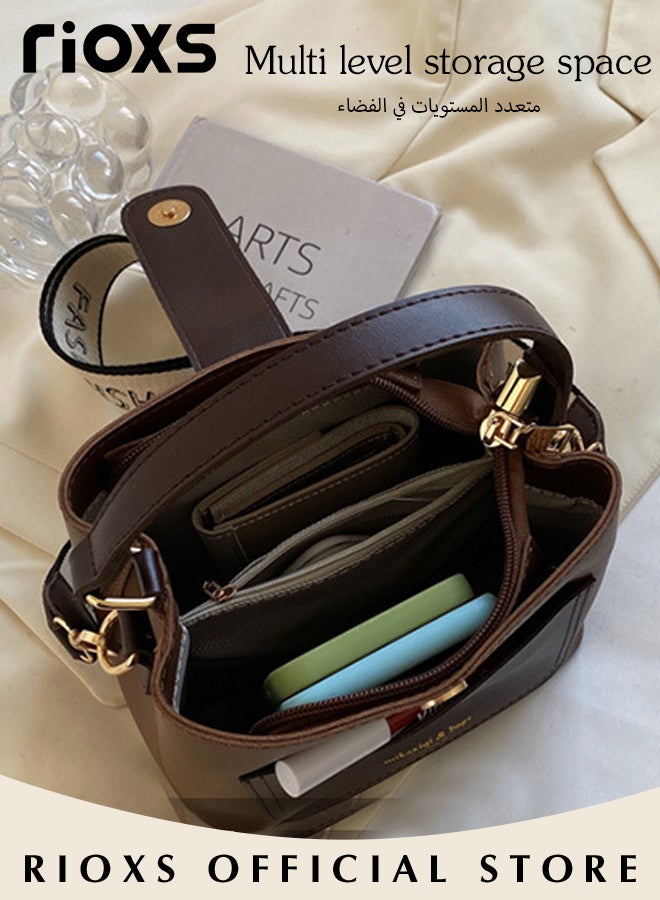Women's Multifunctional Bucket Bag with Zipper Closure, Retro Tote Shoulder Bag, Small Trendy Crossbody Bag with a Zipped Pocket Inside, Made of PU Leather with Clean Edges and Seams, Perfect for Using in Office, Dating or Other Daily Occasions, 19*12*17.5CM
