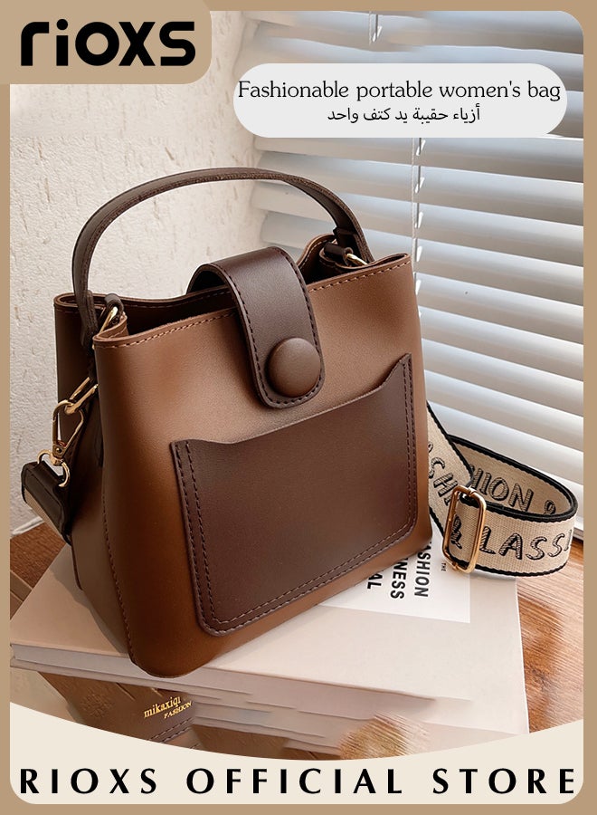 Women's Multifunctional Bucket Bag with Zipper Closure, Retro Tote Shoulder Bag, Small Trendy Crossbody Bag with a Zipped Pocket Inside, Made of PU Leather with Clean Edges and Seams, Perfect for Using in Office, Dating or Other Daily Occasions, 19*12*17.5CM