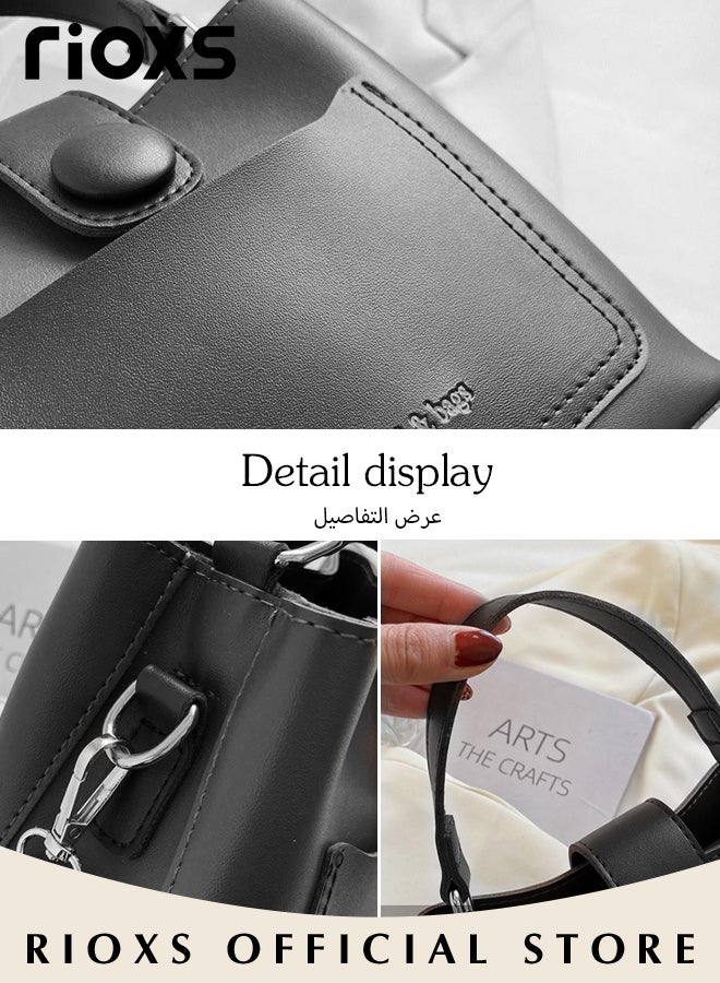 Women's Multifunctional Bucket Bag with Zipper Closure, Retro Tote Shoulder Bag, Small Trendy Crossbody Bag with a Zipped Pocket Inside, Made of PU Leather with Clean Edges and Seams, Perfect for Using in Office, Dating or Other Daily Occasions, 19*12*17.5CM