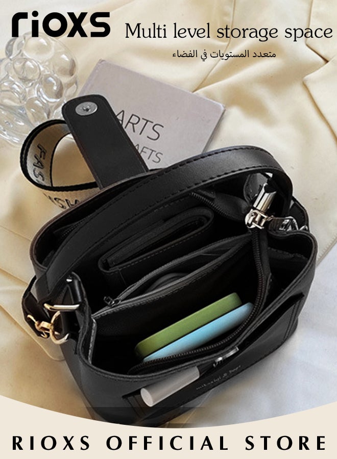 Women's Multifunctional Bucket Bag with Zipper Closure, Retro Tote Shoulder Bag, Small Trendy Crossbody Bag with a Zipped Pocket Inside, Made of PU Leather with Clean Edges and Seams, Perfect for Using in Office, Dating or Other Daily Occasions, 19*12*17.5CM