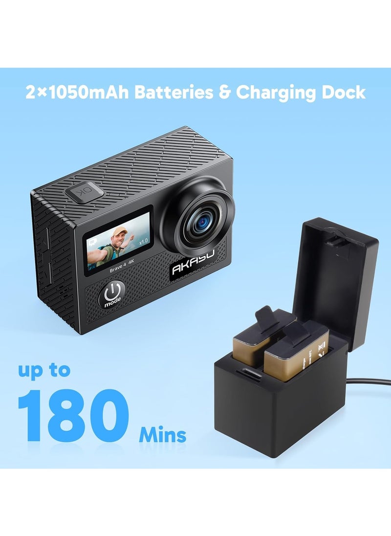 AKASO Brave 4 4K WiFi Action Camera 20MP Ultra HD with EIS 30m Underwater Waterproof Camera Remote Control 5X Zoom Video Camcorder with 2 Batteries and Accessories Kit ,Black