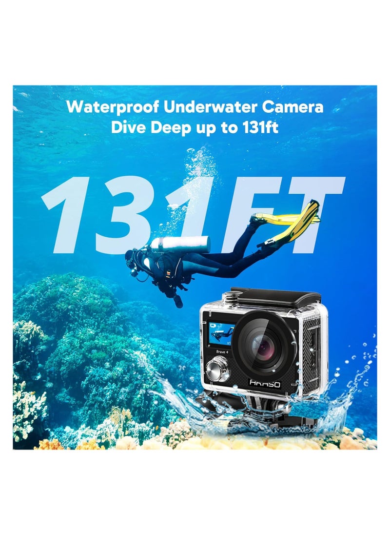 AKASO Brave 4 4K WiFi Action Camera 20MP Ultra HD with EIS 30m Underwater Waterproof Camera Remote Control 5X Zoom Video Camcorder with 2 Batteries and Accessories Kit ,Black