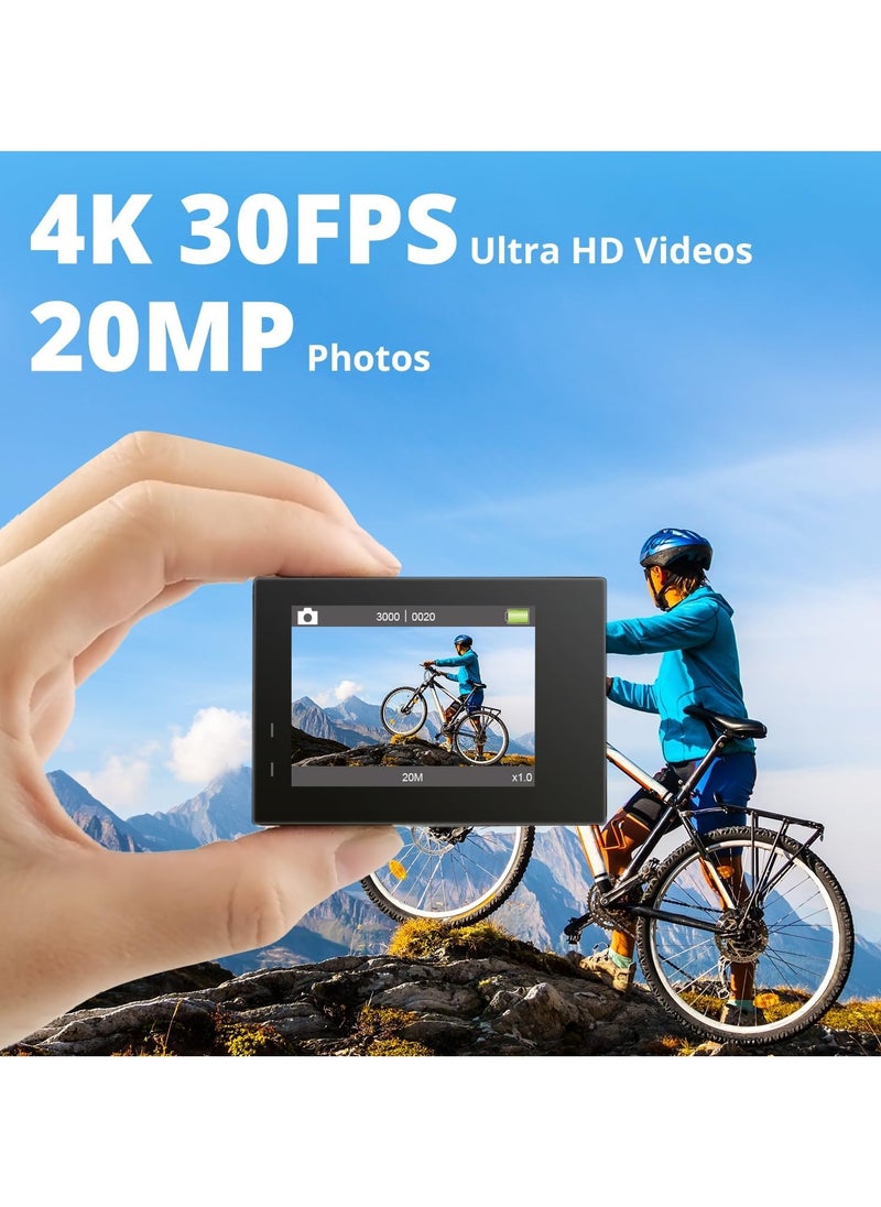AKASO Brave 4 4K WiFi Action Camera 20MP Ultra HD with EIS 30m Underwater Waterproof Camera Remote Control 5X Zoom Video Camcorder with 2 Batteries and Accessories Kit ,Black