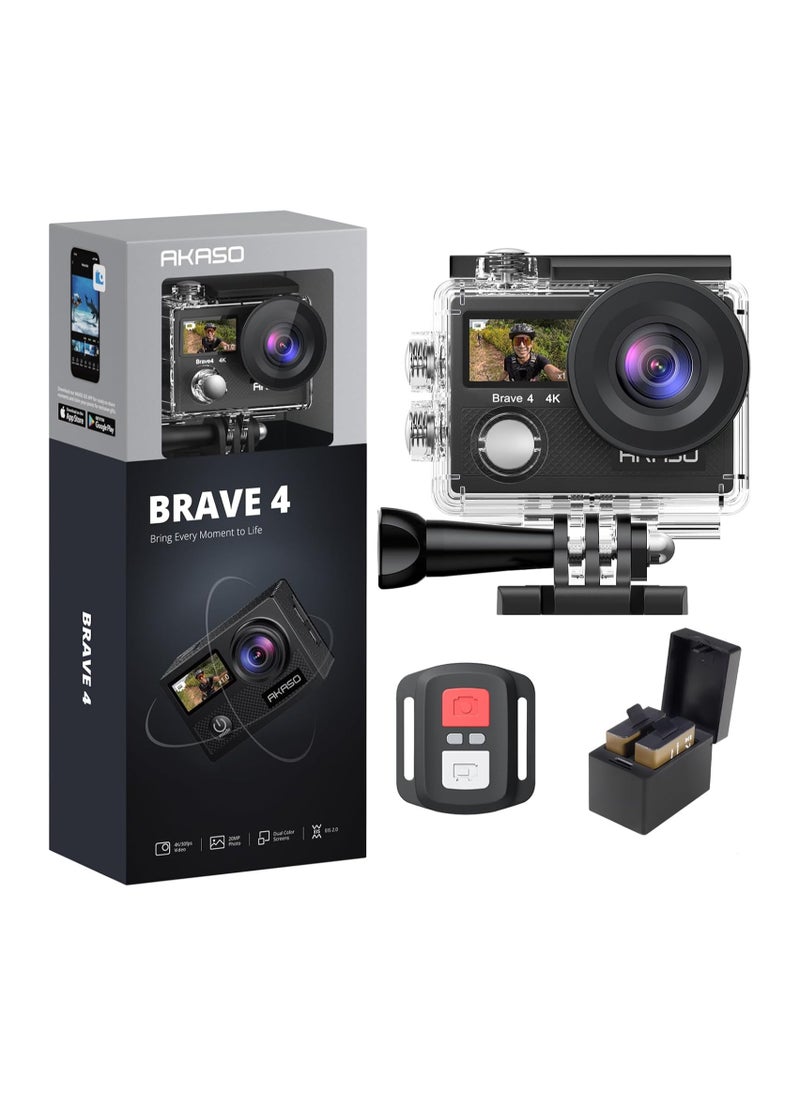 AKASO Brave 4 4K WiFi Action Camera 20MP Ultra HD with EIS 30m Underwater Waterproof Camera Remote Control 5X Zoom Video Camcorder with 2 Batteries and Accessories Kit ,Black