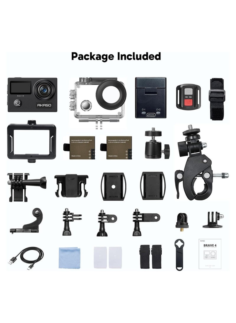 AKASO Brave 4 4K WiFi Action Camera 20MP Ultra HD with EIS 30m Underwater Waterproof Camera Remote Control 5X Zoom Video Camcorder with 2 Batteries and Accessories Kit ,Black