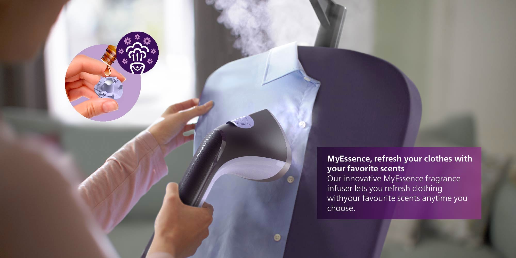 Philips Stand Steamer with XL StyleBoard 3000 Series - MyEssence Fragrance Infuser, 40g/min Continuous Steam, Pointed Steam Plate Tip, 5 Steam Settings 2 L 2000 W STE3180/30 Puple/Silver