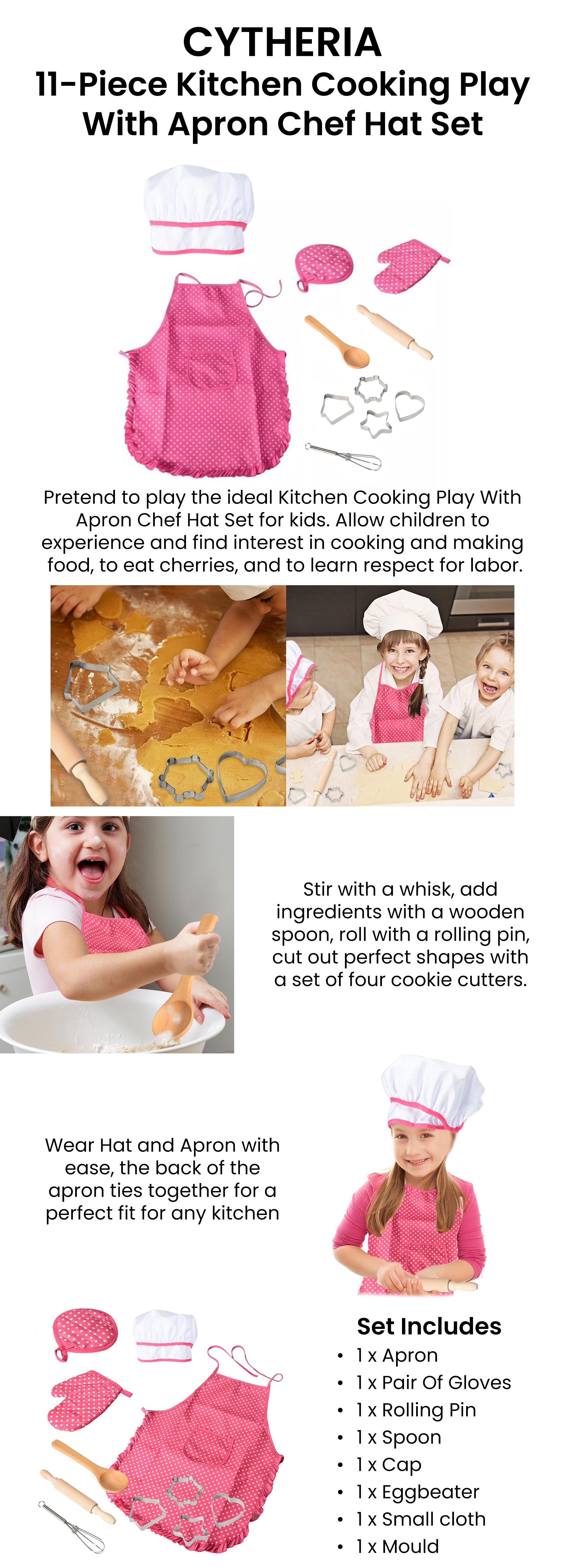 11-Piece Polka Dot Kids Kitchen Cooking Play With Apron And Chef Hat Set 40x38x2cm