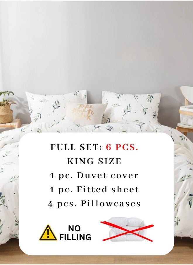 King Size 6 Piece Bedding Set Without Filler, Soft Fabric Small Green Leaves Design.