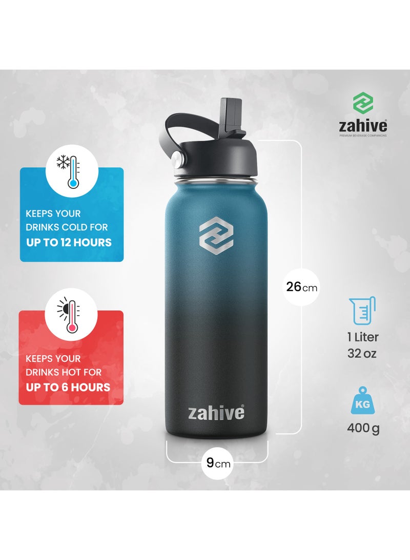 Insulated Stainless Steel Water Bottle with Straw with 3 Lids and Bag 1000 ml, Double Wall Thermos for Hot and Cold Drinks for Gym and Work, Wide Mouth, Leak Proof, 1 liter, Blue Black