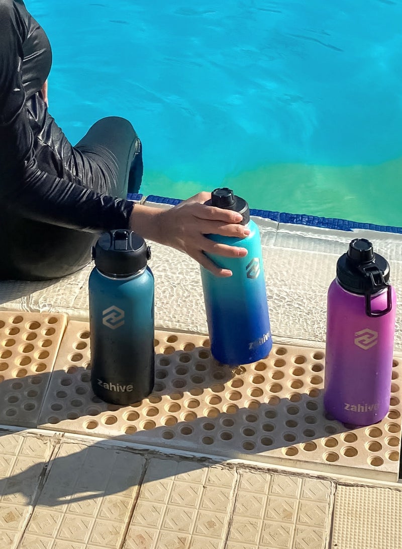 Insulated Stainless Steel Water Bottle with Straw with 3 Lids and Bag 1000 ml, Double Wall Thermos for Hot and Cold Drinks for Gym and Work, Wide Mouth, Leak Proof, 1 liter, Blue Black