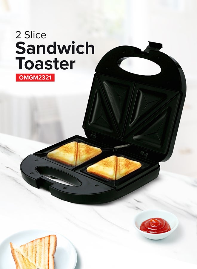 2 Slice Sandwich Maker Toaster OMGM2321, 750W Equipped With Non-Stick Coating And Overheat Protection, Perfect For Making Sandwiches, Bread Toast 750 W OMGM2321 Black