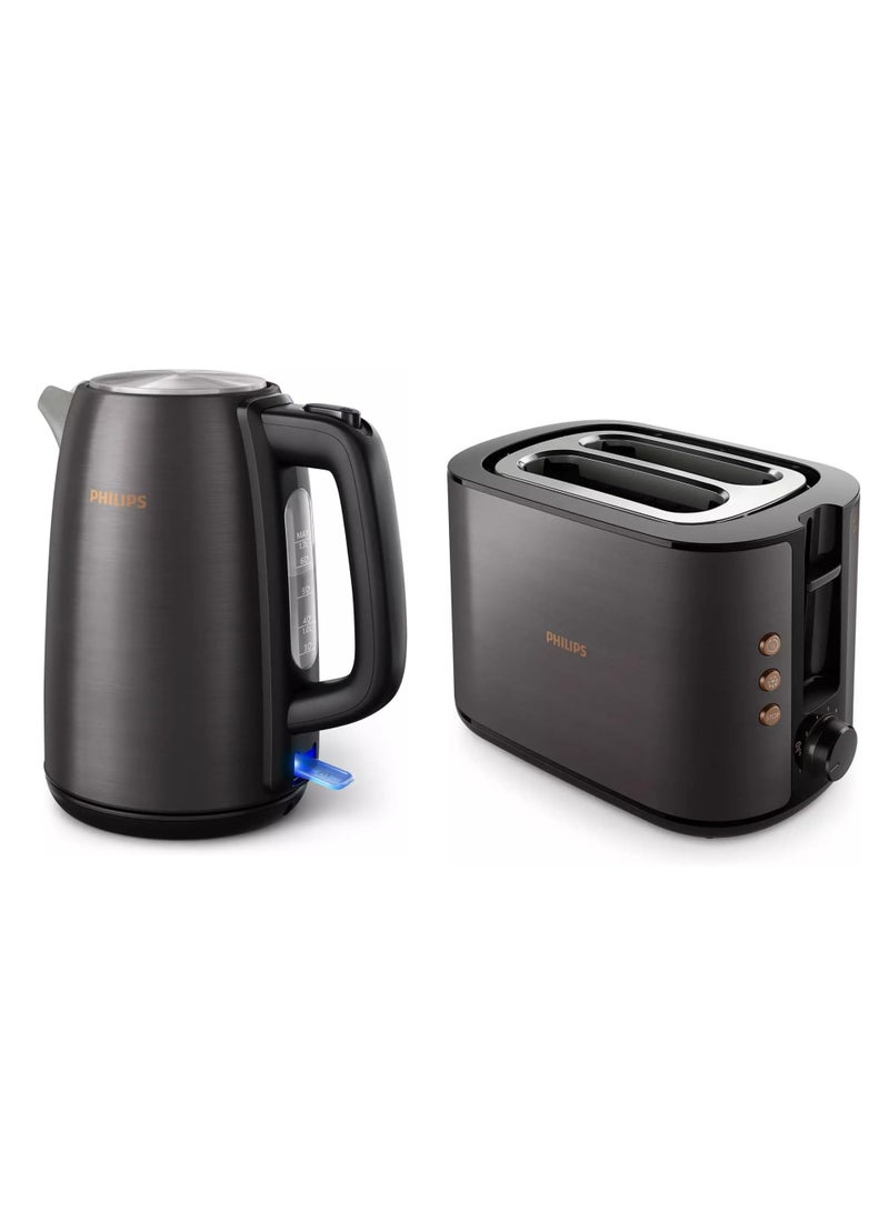 Philips 5000 Series Premium Stainless Steel Kettle & Toaster Combo - Black & Copper, 1.7L, 2200W & 950W, Wide Slots, Multi-Mode Features, Safety Auto-Off