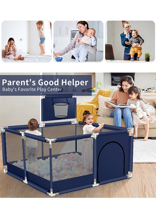 Foldable Baby Playpen With Safety Fence And Basketball Hoop For Indoor Outdoor - Blue