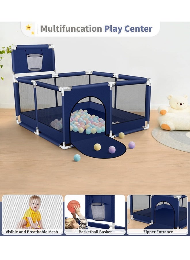 Foldable Baby Playpen With Safety Fence And Basketball Hoop For Indoor Outdoor - Blue