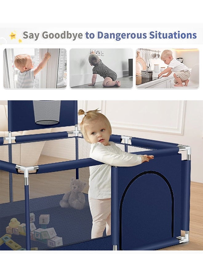 Foldable Baby Playpen With Safety Fence And Basketball Hoop For Indoor Outdoor - Blue