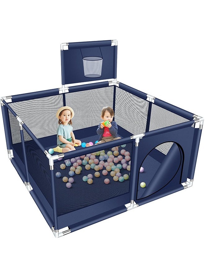 Foldable Baby Playpen With Safety Fence And Basketball Hoop For Indoor Outdoor - Blue