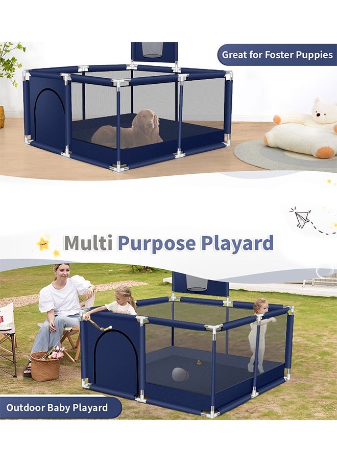 Foldable Baby Playpen With Safety Fence And Basketball Hoop For Indoor Outdoor - Blue