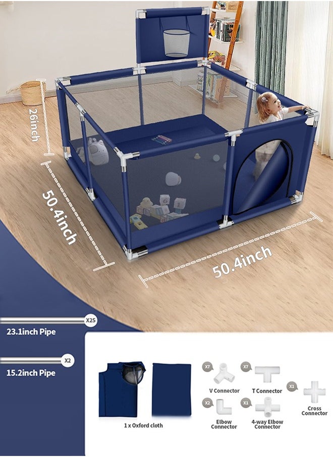 Foldable Baby Playpen With Safety Fence And Basketball Hoop For Indoor Outdoor - Blue
