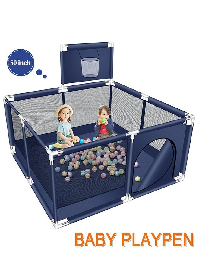 Foldable Baby Playpen With Safety Fence And Basketball Hoop For Indoor Outdoor - Blue