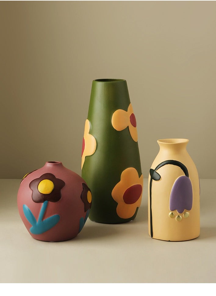 Creative Home Decor Set Of 3 Pcs Painted Ceramic Vases With Morandi Color For Living Room With Simulated Flower Set