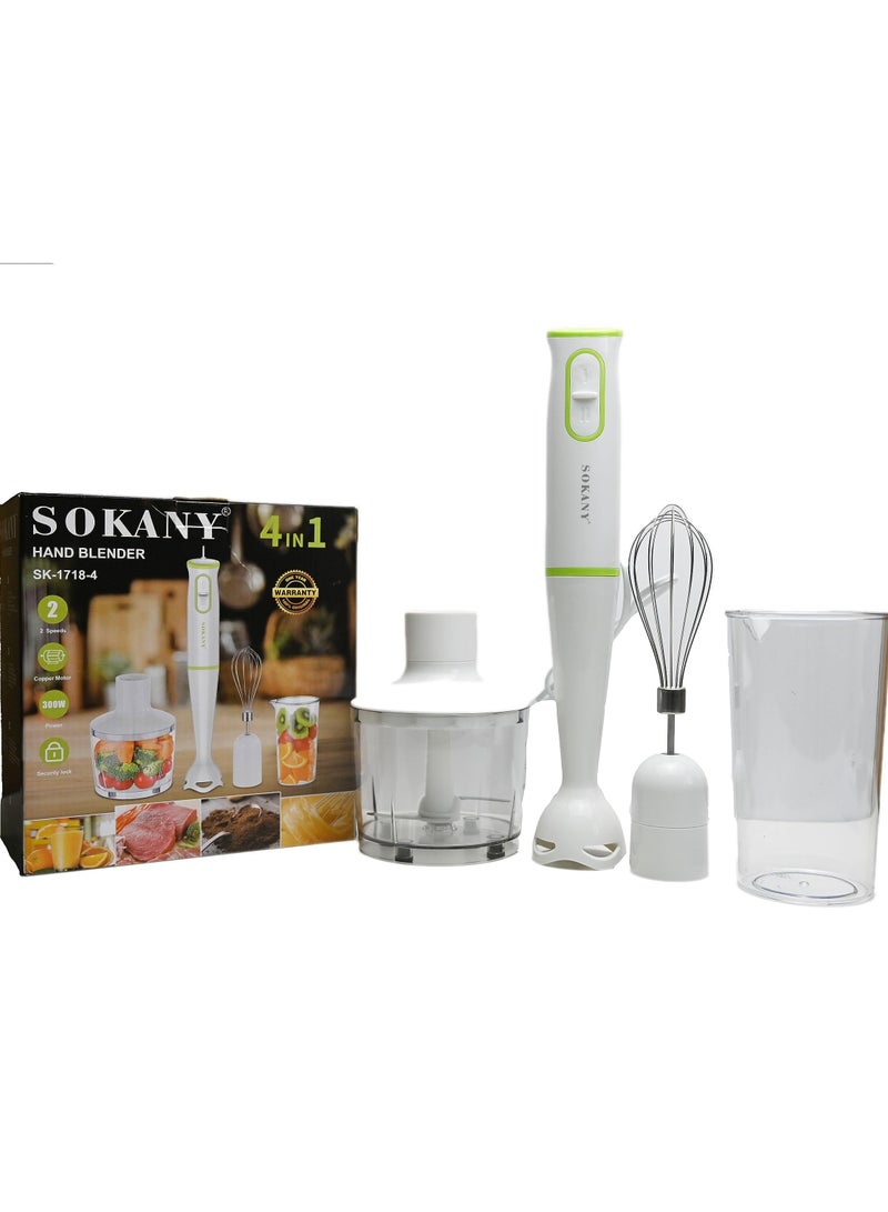 Sokany Hand Blender 4 In 1 Food Processor Grinder Egg Whisk Beaker Chopper - 300 Watt (SK-1718-4)