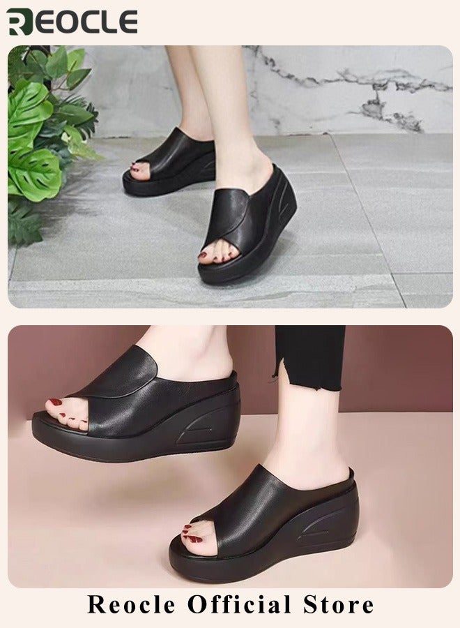 Women's Wedge Platform Sandals Open Toe Slip On Mules Comfortable Fashion Summer Slippers Fish Mouth Sandals