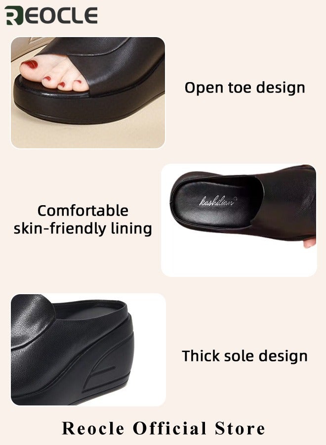 Women's Wedge Platform Sandals Open Toe Slip On Mules Comfortable Fashion Summer Slippers Fish Mouth Sandals