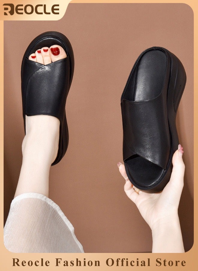 Women's Wedge Platform Sandals Open Toe Slip On Mules Comfortable Fashion Summer Slippers Fish Mouth Sandals