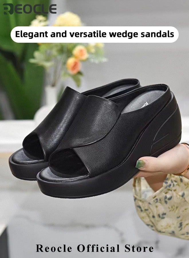 Women's Wedge Platform Sandals Open Toe Slip On Mules Comfortable Fashion Summer Slippers Fish Mouth Sandals