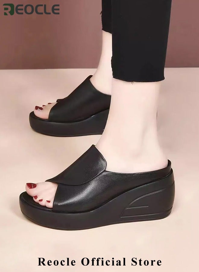 Women's Wedge Platform Sandals Open Toe Slip On Mules Comfortable Fashion Summer Slippers Fish Mouth Sandals