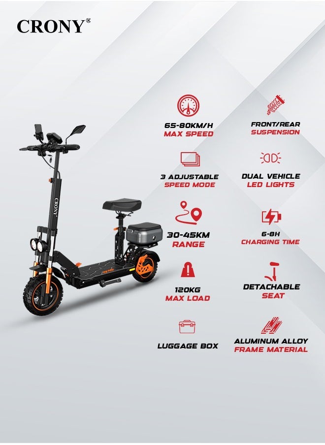 CronyM5 Pro High Speed Electric Scooter Up to 45 km/h 10-Inch Wide Tires, Mobile Phone Holder Bluetooth Speaker,Rear Luggage Box Rearview Mirrors Dual LED Headlamps IPX4 Waterproof App Connectivity