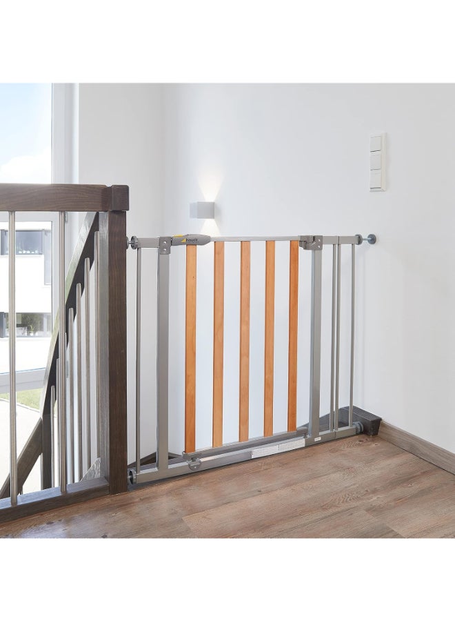 Safety Gate For Doors And Stairs Woodlock Safe Gate, 75 - 80 Cm Plus 21Cm Extension, Pressure Fit, No Drilling Needed, Extendable With Separate Extensions, Metal, Silver And Brown