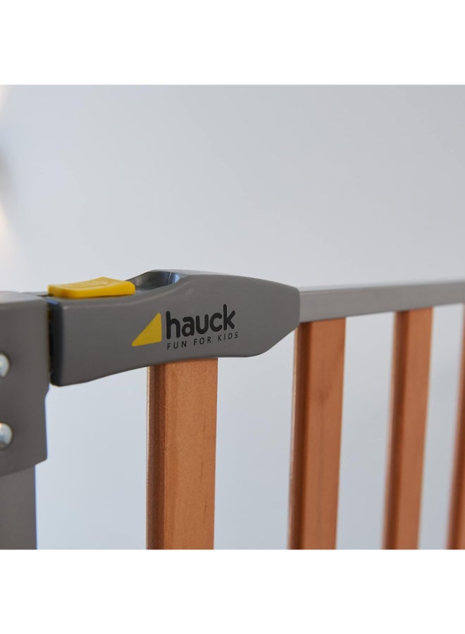 Safety Gate For Doors And Stairs Woodlock Safe Gate, 75 - 80 Cm Plus 21Cm Extension, Pressure Fit, No Drilling Needed, Extendable With Separate Extensions, Metal, Silver And Brown