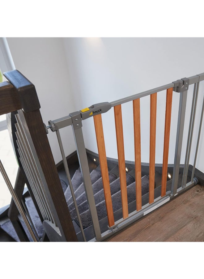 Safety Gate For Doors And Stairs Woodlock Safe Gate (75 - 80Cm) Plus Two 21Cm Extension, Maximum 117 - 122Cm, Pressure Fit, No Drilling Needed, Extendable With Separate Extensions, Metal, Silver And Brown