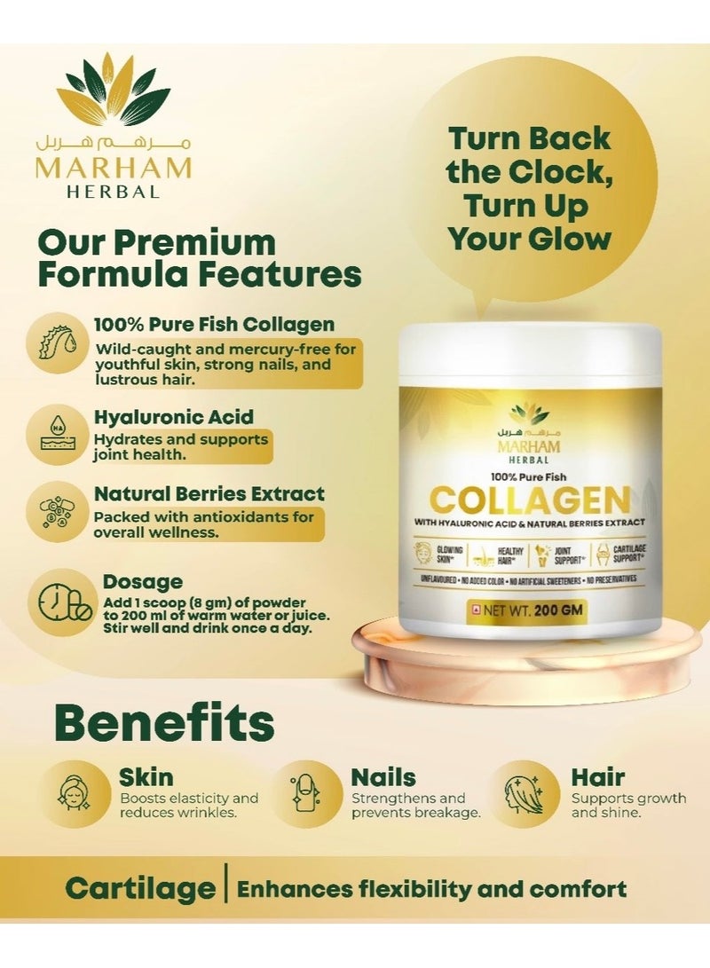 100% Pure Fish Collagen With Hyaluronic Acid & Natural Berries Extract for Glowing Skin, Healthy Hair, Joint Support and Cartilage Support | 200G