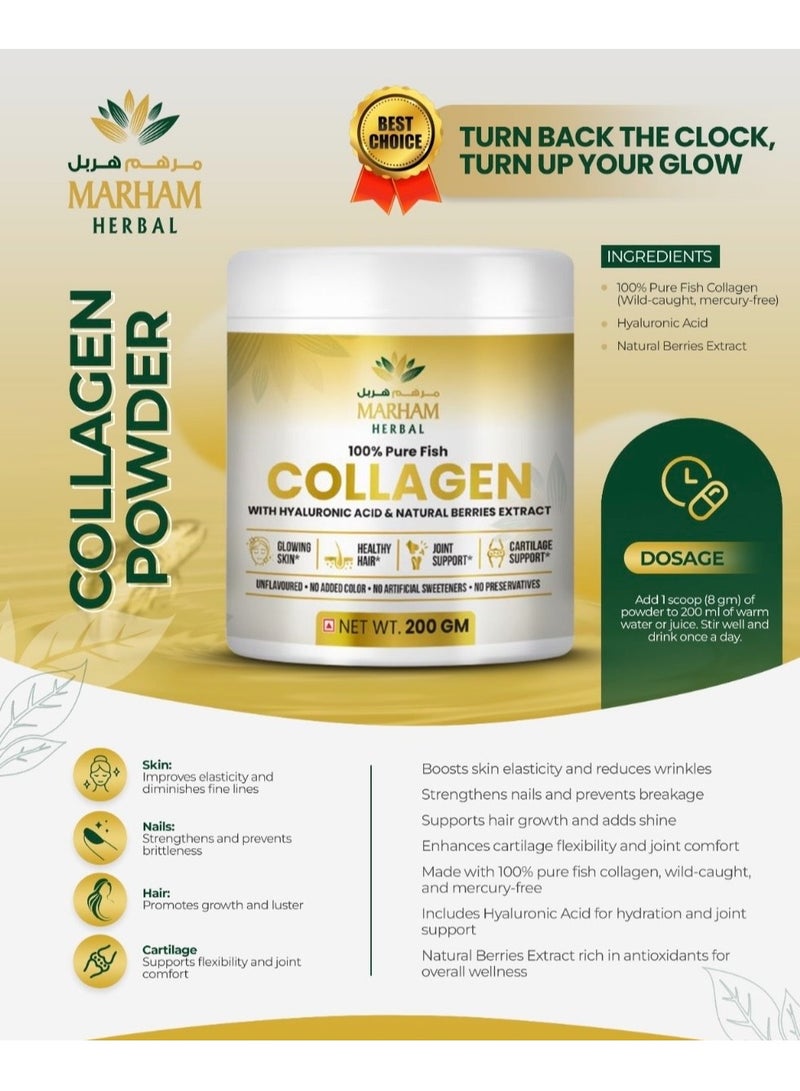 100% Pure Fish Collagen With Hyaluronic Acid & Natural Berries Extract for Glowing Skin, Healthy Hair, Joint Support and Cartilage Support | 200G