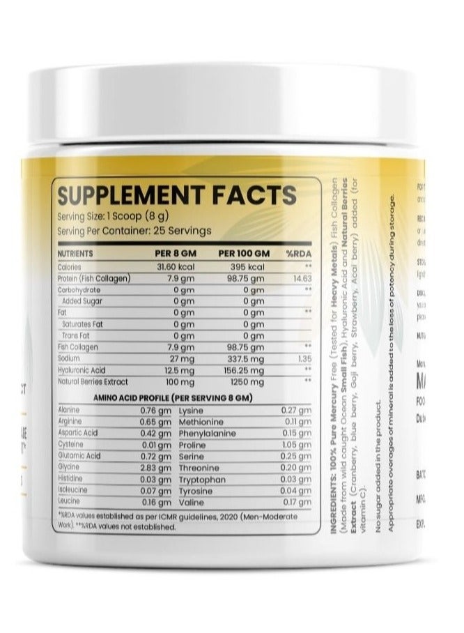 100% Pure Fish Collagen With Hyaluronic Acid & Natural Berries Extract for Glowing Skin, Healthy Hair, Joint Support and Cartilage Support | 200G