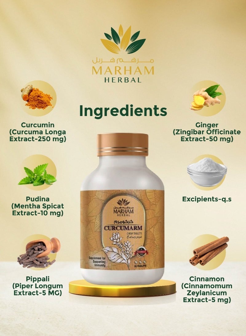 Curcumarm Chewable Tablet: Supplement for Supporting Immunity | Immune Booster with Curcumin, Ginger, Mint, Cinnamon, Pippali Combination - Dietary Supplements for Immune Support (30 Tablets)