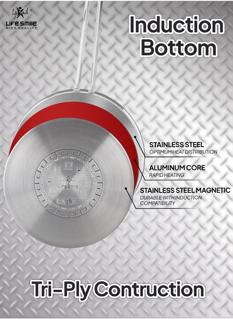 20/24/28/32cm Sizes Premium 18/10 Heavy-gauge Stainless Steel Frying Pan - Induction Tri-Ply Thick Base Fry Pan with Glass Lid for Even Heating Oven Safe Silver