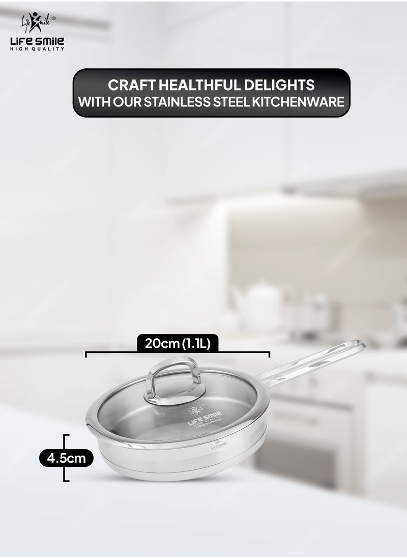 20/24/28/32cm Sizes Premium 18/10 Heavy-gauge Stainless Steel Frying Pan - Induction Tri-Ply Thick Base Fry Pan with Glass Lid for Even Heating Oven Safe Silver